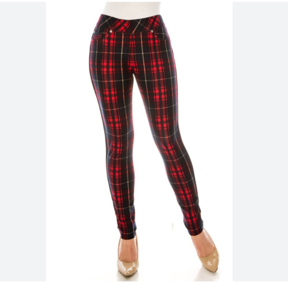 Peter Nygard Luxe Denim Jegging Women's Size M 10-12 Navy Red Tartan Plaid